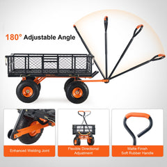 A black and orange metal garden dump cart with a 180-degree adjustable handle and three detail shots.