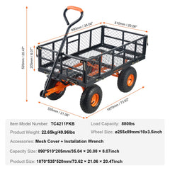 A black and orange metal garden dump cart with mesh sides and a pull handle.