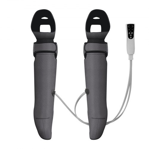 Pair of gray full-leg air compression massager sleeves with knee heating and white remote control.