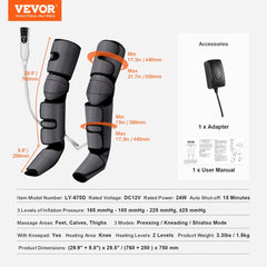 Full leg air compression massager with knee heating, adjustable straps, and control unit shown.