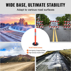 Two orange traffic delineator posts with reflective strips and wide octagonal rubber bases for stability on various road surfaces.