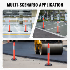 Collage showing Bostome traffic delineator posts in parking lots, garages, and construction sites.