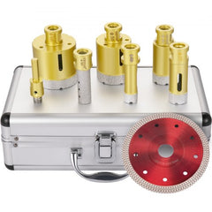 7-piece gold diamond hole saw kit with sizes 20-68mm and red saw blade in silver case.