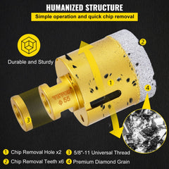 7-piece diamond hole saw kit with sizes 20-68mm, showing gold body, diamond teeth, chip holes, and universal thread.