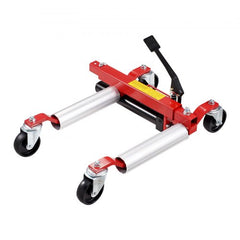 Red hydraulic heavy-duty wheel dolly with adjustable silver rollers and casters for lifting cars up to 1500 lbs.