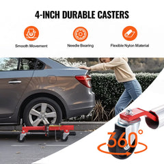 Heavy duty hydraulic wheel dolly with 4-inch durable casters lifting a car tire.