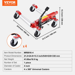Red heavy-duty hydraulic wheel dolly with 4 casters for lifting up to 1500 lbs.