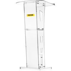 Clear acrylic podium with a frosted front panel and middle shelf for presentations.