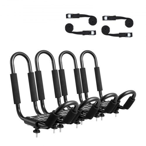 Bostome J-Shape kayak roof rack carrier with four pairs of adjustable straps for secure transport.