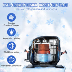 A refrigerator compressor is shown with text highlighting features like precise temperature and low noise.