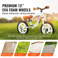 White 12-inch balance bike with EVA foam wheels, adjustable seat, and aluminum frame on various terrains.