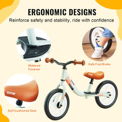 White 12-inch toddler balance bike with ergonomic design, adjustable seat, footrest, brake, and foam tires.