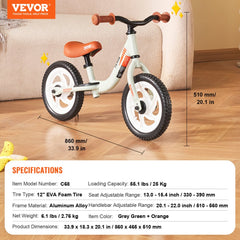 White 12-inch toddler balance bike with aluminum alloy frame, adjustable seat and handlebar, and EVA foam tires.