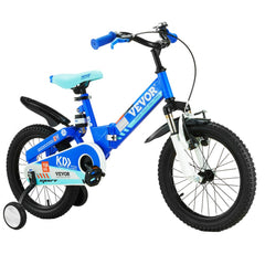 Blue 16-inch folding kids' bike with training wheels, adjustable seat, and front suspension.