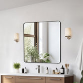 Square wall mirror with a brushed aluminum frame, measuring 36"x36", wall mounted.