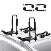 Black J-bar kayak roof rack set with folding arms mounted on a white SUV roof, holding two kayaks.