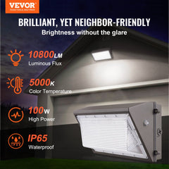 Two 100W LED wall pack lights with 5000K color temperature, 10800 lumens, and IP65 waterproof rating.