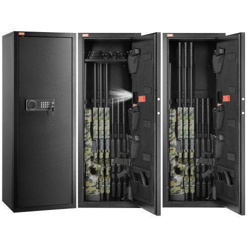 Tall cabinet gun safe with digital keypad for quick access and adjustable rifle storage.