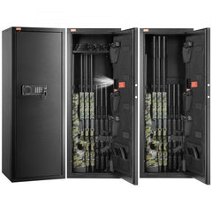Tall cabinet gun safe with digital keypad for quick access and adjustable rifle storage.