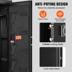 Tall cabinet gun safe with digital keypad, adjustable rack for 8-10 rifles, and anti-pry bolts.