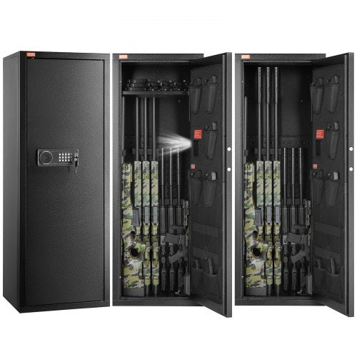 Tall gun safe with digital keypad, holds 10-12 rifles, and features adjustable storage.