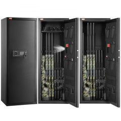 Tall gun safe with digital keypad, holds 10-12 rifles, and features adjustable storage.