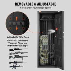 Tall gun safe with digital keypad, holding 10-12 rifles and additional storage for pistols.