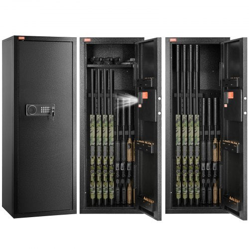 Black Bostome rifle gun safe with digital keypad, removable shelf, and rifle storage rack open and closed views