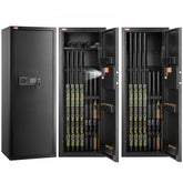 Black Bostome rifle gun safe with digital keypad, removable shelf, and rifle storage rack open and closed views