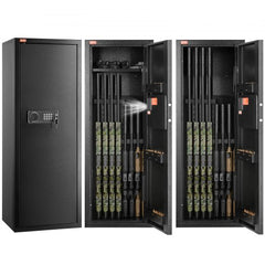 Black Bostome rifle gun safe with digital keypad, removable shelf, and rifle storage rack open and closed views