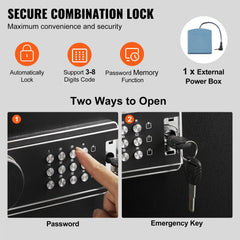 Bostome gun safe with digital keypad, emergency key, external power box, and removable shelf.