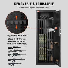Bostome gun safe for 6-8 rifles with digital keypad, removable shelf, and adjustable rack.