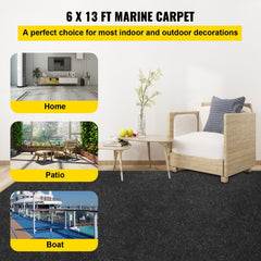 Black waterproof marine boat carpet measuring 6x13 feet for indoor and outdoor use.