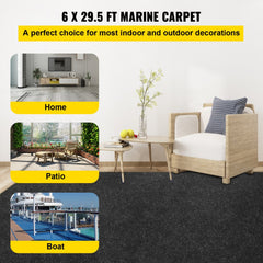 Black marine boat carpet measuring 6x29.5 ft with a waterproof, non-slip surface.