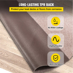 Light brown waterproof marine boat carpet, 6x18 ft, with rubber backing on wood floor.