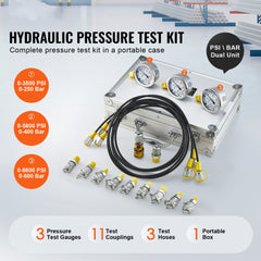 Hydraulic pressure test kit with three stainless steel gauges and 11 test couplings.