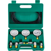 Bostome Hydraulic Pressure Test Kit with three gauges, six couplings, and durable hoses.