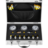 Bostome Hydraulic Pressure Test Kit with three gauges, nine couplings, and portable case.