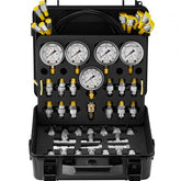 Black ABS case containing Bostome hydraulic pressure test kit with five gauges for 10/100/250/400/600 Bar, hoses, and fittings.