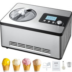 Stainless steel 2QT automatic ice cream maker with LCD display and detachable components.