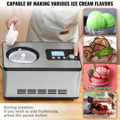 Stainless steel 2QT automatic ice cream maker with LCD display and detachable components.