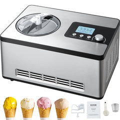 Stainless steel 2QT automatic ice cream maker with LCD display and detachable components.