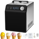 Stainless steel 2-quart ice cream maker with digital controls and detachable components.