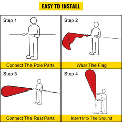 Four-step diagram showing easy assembly of a 16ft aluminum feather flag pole kit with ground spike.
