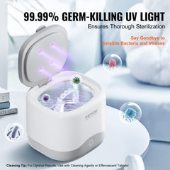Compact ultrasonic cleaner for dentures and mouth guards with UV sterilization feature.
