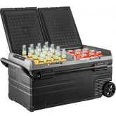95L portable car refrigerator freezer with dual-zone cooling and wheels for easy transport.