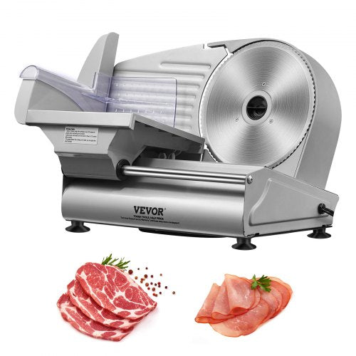 Silver Bostome 180W electric meat slicer with 7.5-inch stainless steel blade and sliced meats.