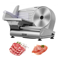 Silver Bostome 180W electric meat slicer with 7.5-inch stainless steel blade and sliced meats.