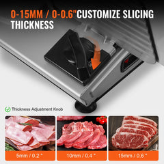 Electric meat slicer with 7.5-inch blade and 0-15mm thickness adjustment knob.