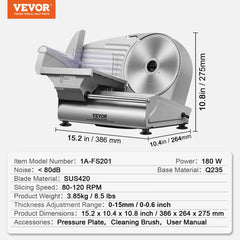 Electric meat slicer with 7.5-inch stainless steel blade, 180W power, and adjustable thickness dial.